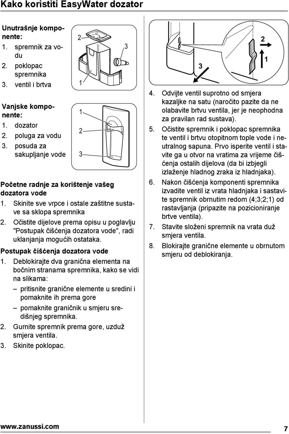 Očistite dijelove prema opisu u poglavlju "Postupak čišćenja dozatora vode", radi uklanjanja mogućih ostataka. Postupak čišćenja dozatora vode 1.