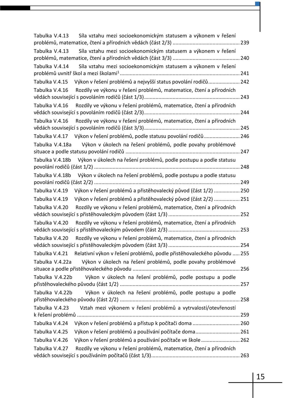 .. 242 Tabulka V.4.16 Rozdíly ve výkonu v řešení problémů, matematice, čtení a přírodních vědách související s povoláním rodičů (část 1/3)... 243 Tabulka V.4.16 Rozdíly ve výkonu v řešení problémů, matematice, čtení a přírodních vědách související s povoláním rodičů (část 2/3).