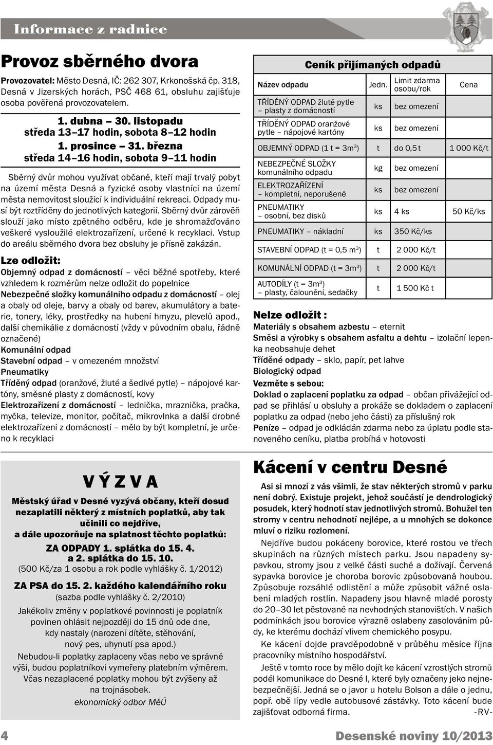 března středa 14 16 hodin, sobota 9 11 hodin Sběrný dvůr mohou využívat občané, kteří mají trvalý pobyt na území města Desná a fyzické osoby vlastnící na území města nemovitost sloužící k