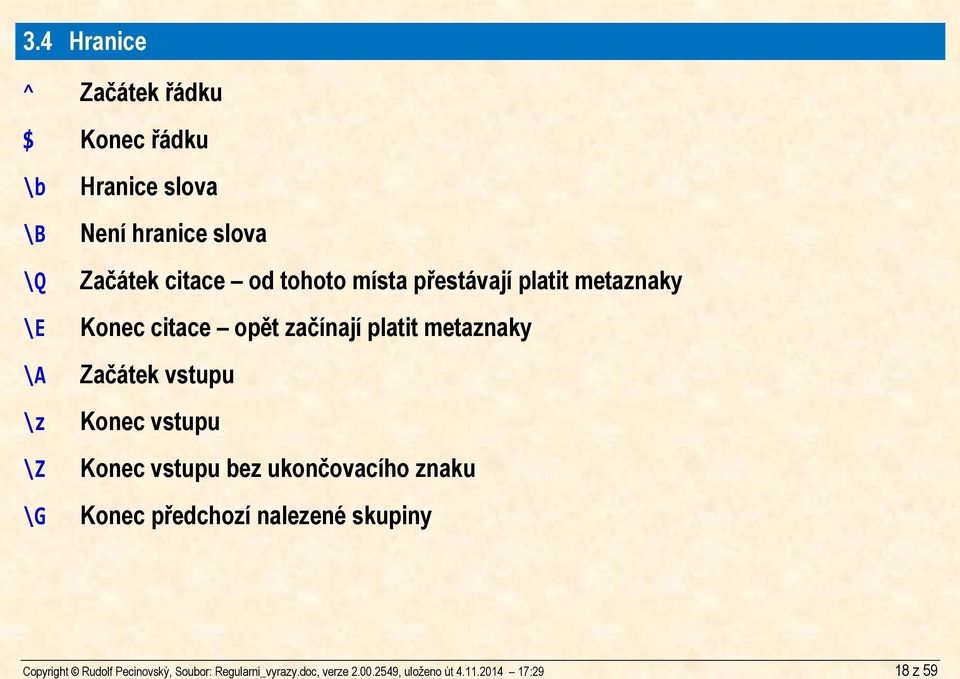 4 Hranice ^ Začátek řádku $ Konec řádku \b Hranice slova \B Není hranice slova \Q Začátek citace od