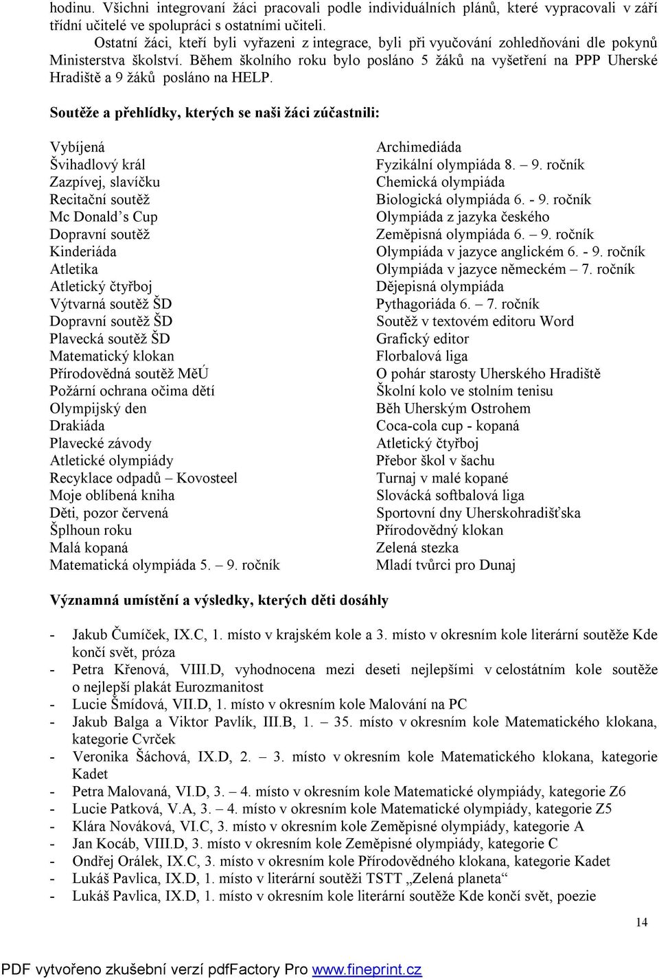 Během školního roku bylo posláno 5 žáků na vyšetření na PPP Uherské Hradiště a 9 žáků posláno na HELP.