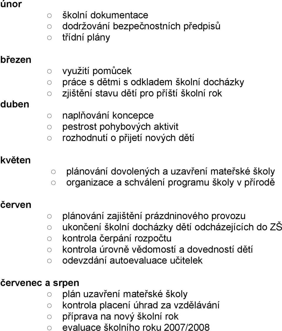 programu školy v přírodě plánování zajištění prázdninového provozu ukončení školní docházky dětí odcházejících do ZŠ kontrola čerpání rozpočtu kontrola úrovně vědomostí a