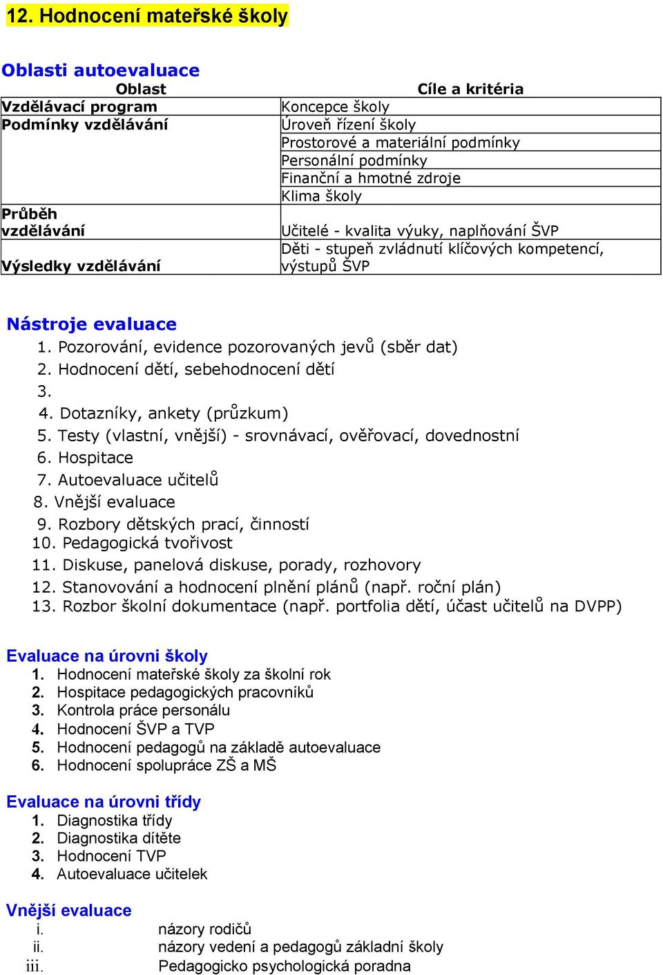 Pozorování, evidence pozorovaných jevů (sběr dat) 2. Hodnocení dětí, sebehodnocení dětí 3. 4. Dotazníky, ankety (průzkum) 5. Testy (vlastní, vnější) - srovnávací, ověřovací, dovednostní 6.