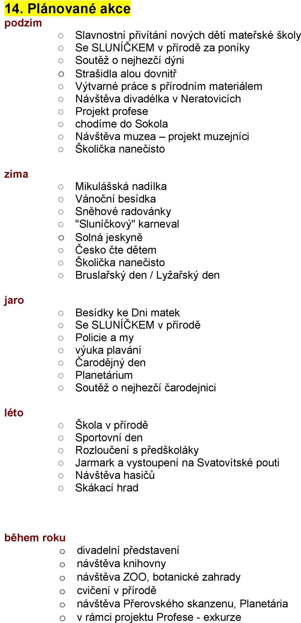 karneval Solná jeskyně Česko čte dětem Školička nanečisto Bruslařský den / Lyžařský den Besídky ke Dni matek Se SLUNÍČKEM v přírodě Policie a my výuka plavání Čarodějný den Planetárium Soutěž o