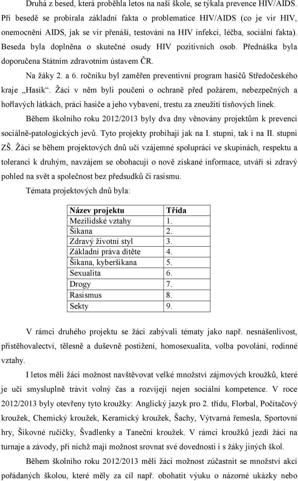 Beseda byla doplněna o skutečné osudy HIV pozitivních osob. Přednáška byla doporučena Státním zdravotním ústavem ČR. Na žáky 2. a 6.