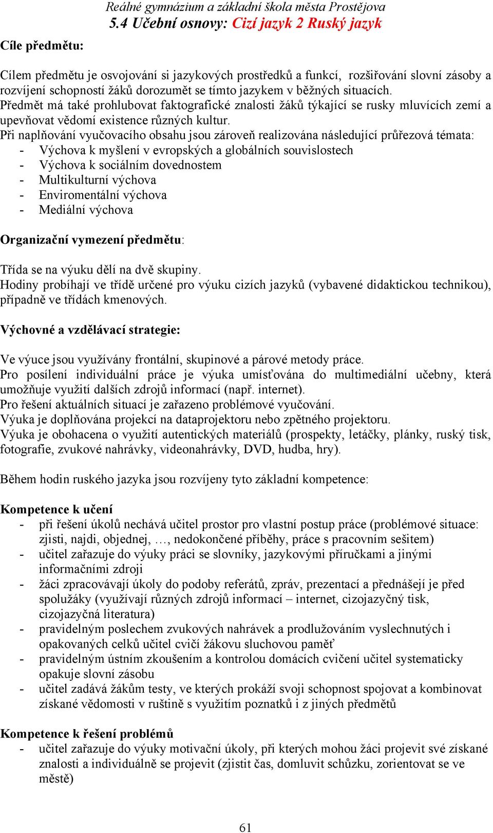 Při naplňování vyučovacího obsahu jsou zároveň realizována následující průřezová témata: - - Výchova k sociálním dovednostem - Multikulturní výchova - Enviromentální výchova - Organizační vymezení