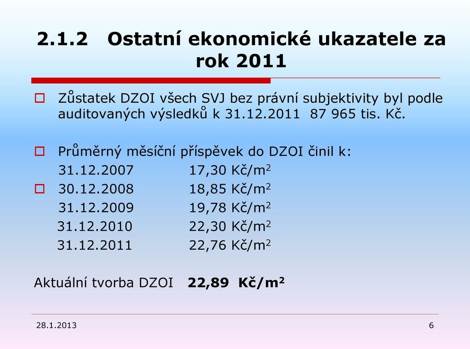 Průměrný měsíční příspěvek do DZOI činil k: 31.12.2007 17,30 Kč/m 2 30.12.2008 18,85 Kč/m 2 31.
