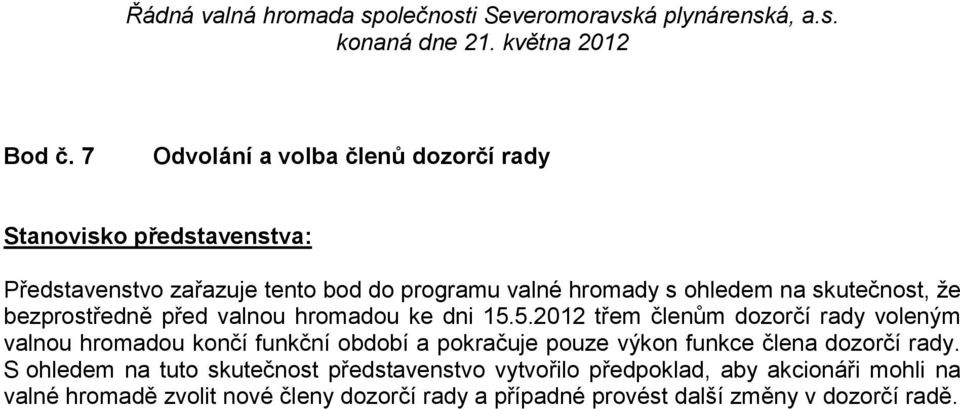 ohledem na skutečnost, že bezprostředně před valnou hromadou ke dni 15.