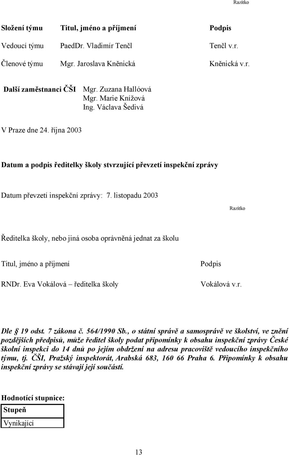 listopadu 2003 Razítko Ředitelka školy, nebo jiná osoba oprávněná jednat za školu Titul, jméno a příjmení RNDr. Eva Vokálová ředitelka školy Podpis Vokálová v.r. Dle 19 odst. 7 zákona č. 564/1990 Sb.