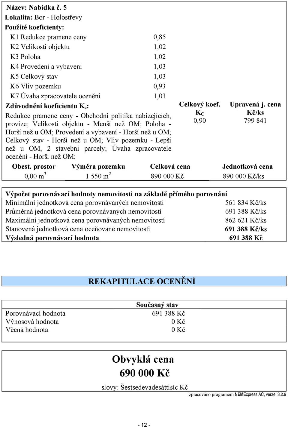 zpracovatele ocenění 1,03 Zdůvodnění koeficientu K c : Redukce pramene ceny - Obchodní politika nabízejících, provize; Velikosti objektu - Menší než OM; Poloha - Horší než u OM; Provedení a vybavení