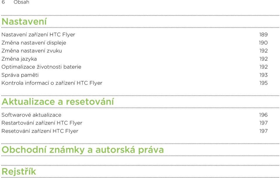 informací o zařízení HTC Flyer 195 Aktualizace a resetování Softwarové aktualizace 196