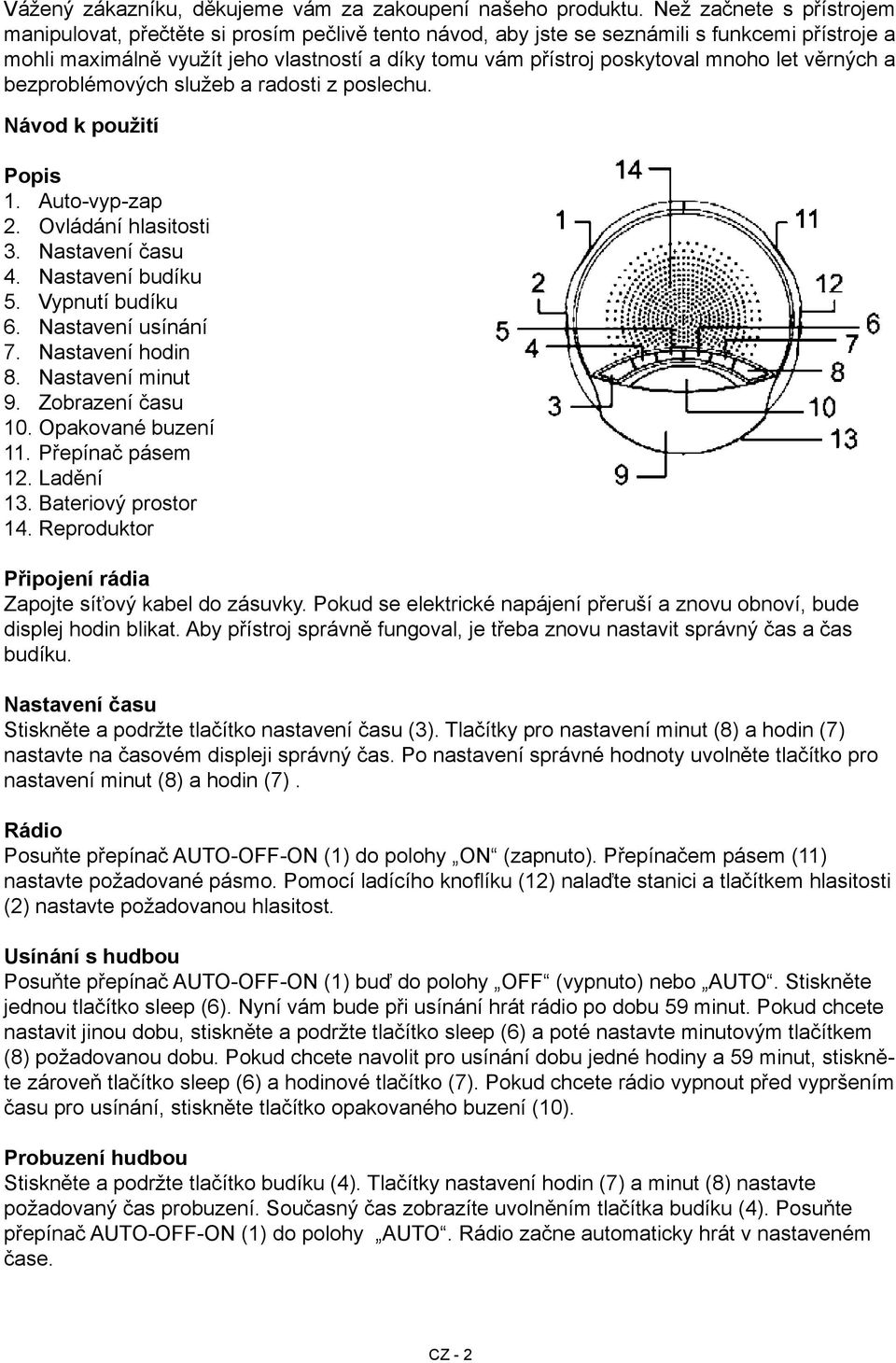 mnoho let věrných a bezproblémových služeb a radosti z poslechu. Návod k použití Popis 1. Auto-vyp-zap 2. Ovládání hlasitosti 3. Nastavení času 4. Nastavení budíku 5. Vypnutí budíku 6.