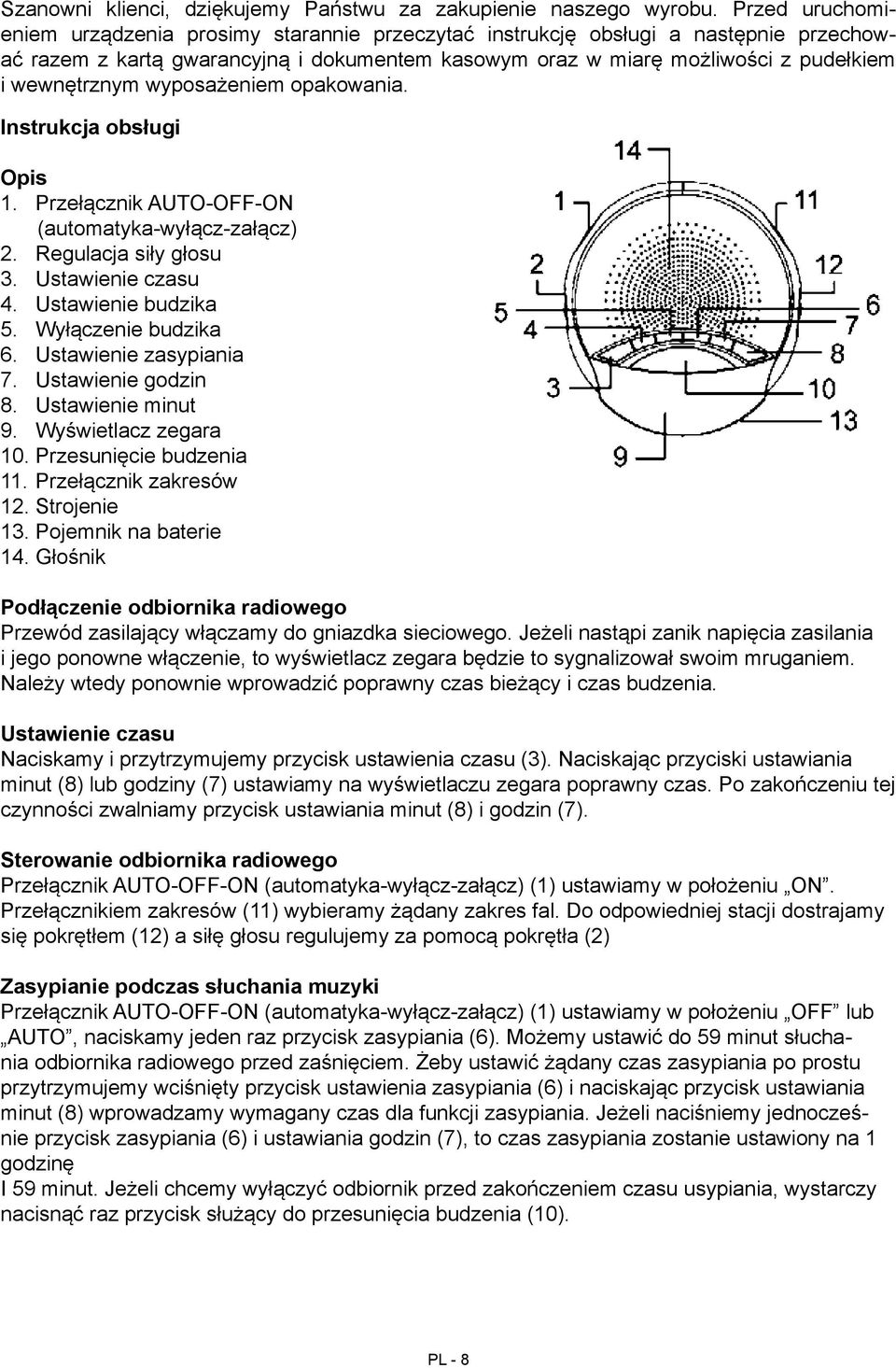 wyposażeniem opakowania. Instrukcja obsługi Opis 1. Przełącznik auto-off-on (automatyka-wyłącz-załącz) 2. Regulacja siły głosu 3. Ustawienie czasu 4. Ustawienie budzika 5. Wyłączenie budzika 6.