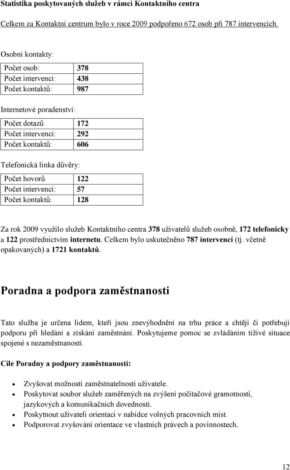 122 Počet intervencí: 57 Počet kontaktů: 128 Za rok 2009 využilo služeb Kontaktního centra 378 uživatelů služeb osobně, 172 telefonicky a 122 prostřednictvím internetu.