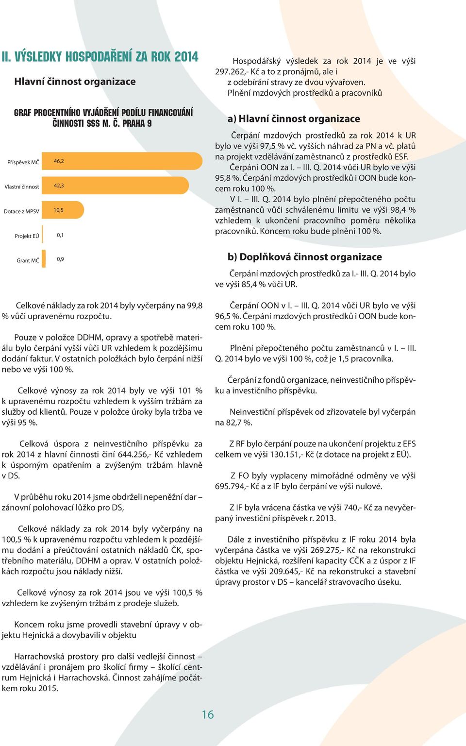 Plnění mzdových prostředků a pracovníků a) Hlavní činnost organizace Čerpání mzdových prostředků za rok 2014 k UR bylo ve výši 97,5 % vč. vyšších náhrad za PN a vč.