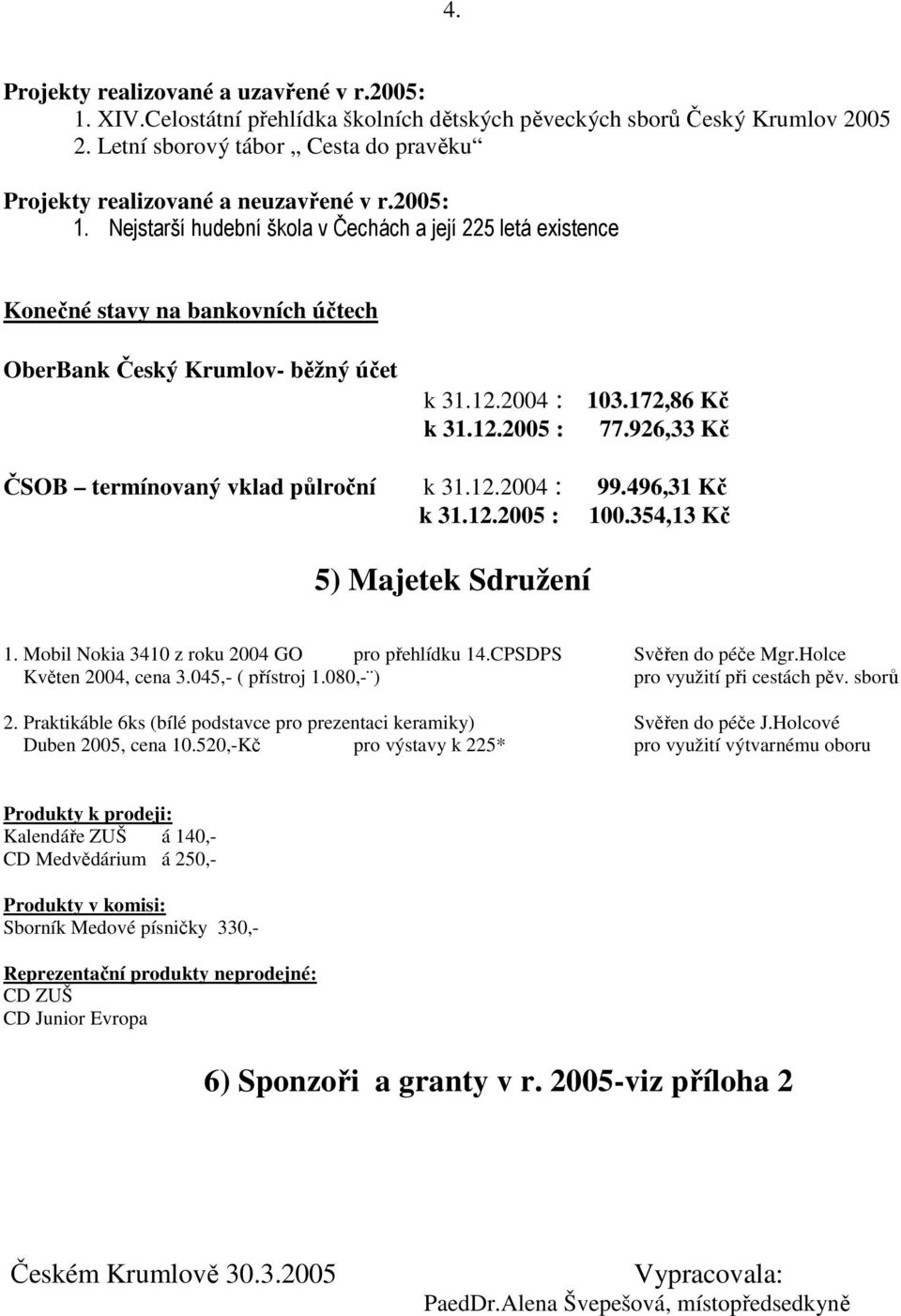 Nejstarší hudební škola v Čechách a její 225 letá existence Konečné stavy na bankovních účtech OberBank Český Krumlov- běžný účet k 31.12.2004 : k 31.12.2005 : 103.172,86 Kč 77.