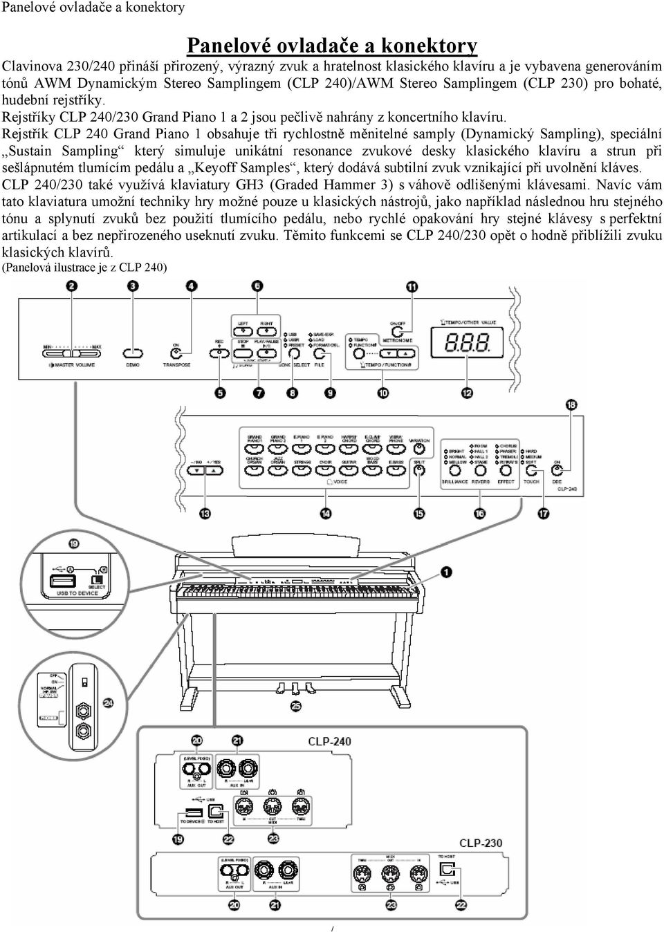 Rejstřík CLP 240 Grand Piano 1 obsahuje tři rychlostně měnitelné samply (Dynamický Sampling), speciální Sustain Sampling který simuluje unikátní resonance zvukové desky klasického klavíru a strun při