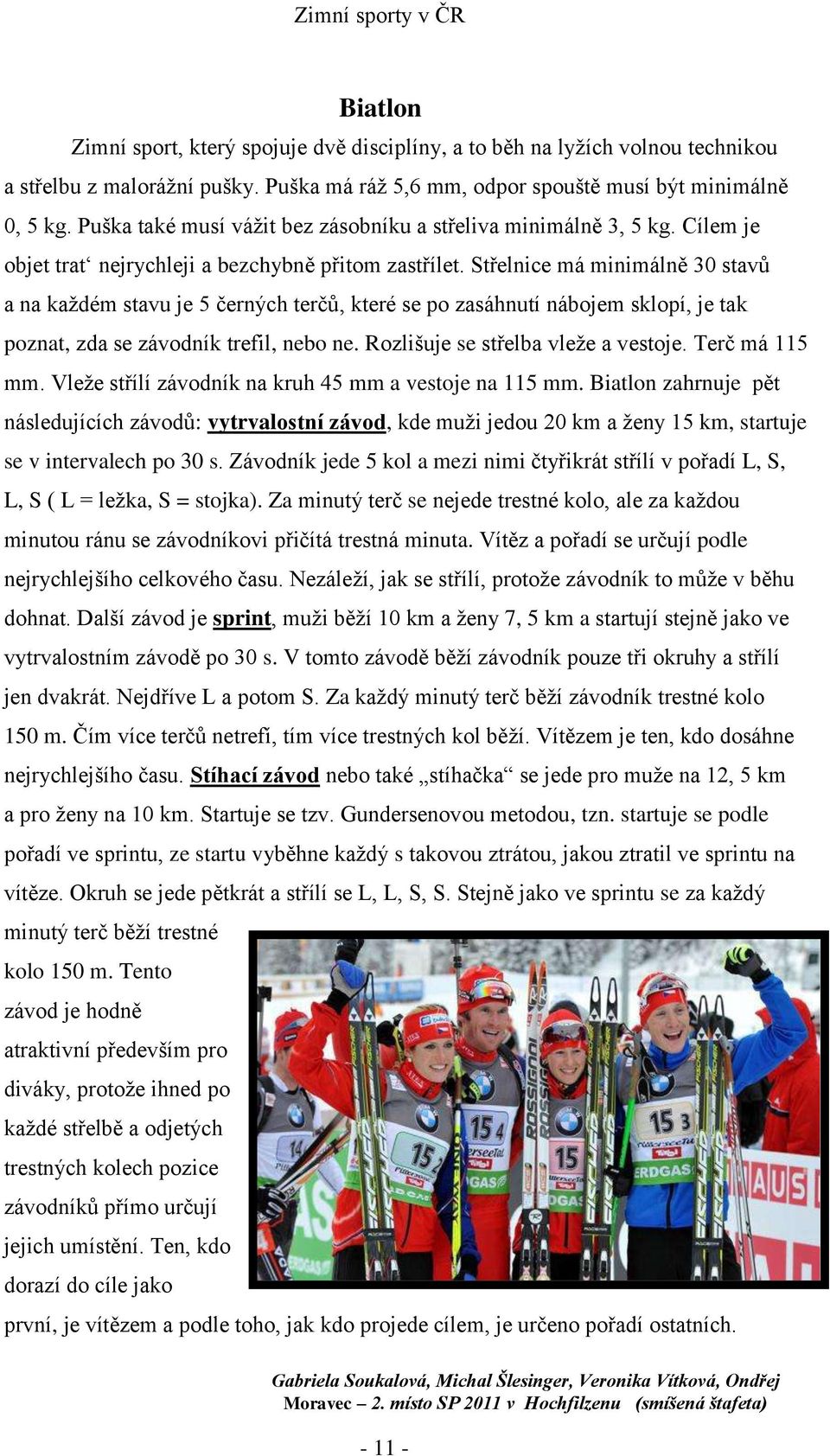 Střelnice má minimálně 30 stavů a na každém stavu je 5 černých terčů, které se po zasáhnutí nábojem sklopí, je tak poznat, zda se závodník trefil, nebo ne. Rozlišuje se střelba vleže a vestoje.