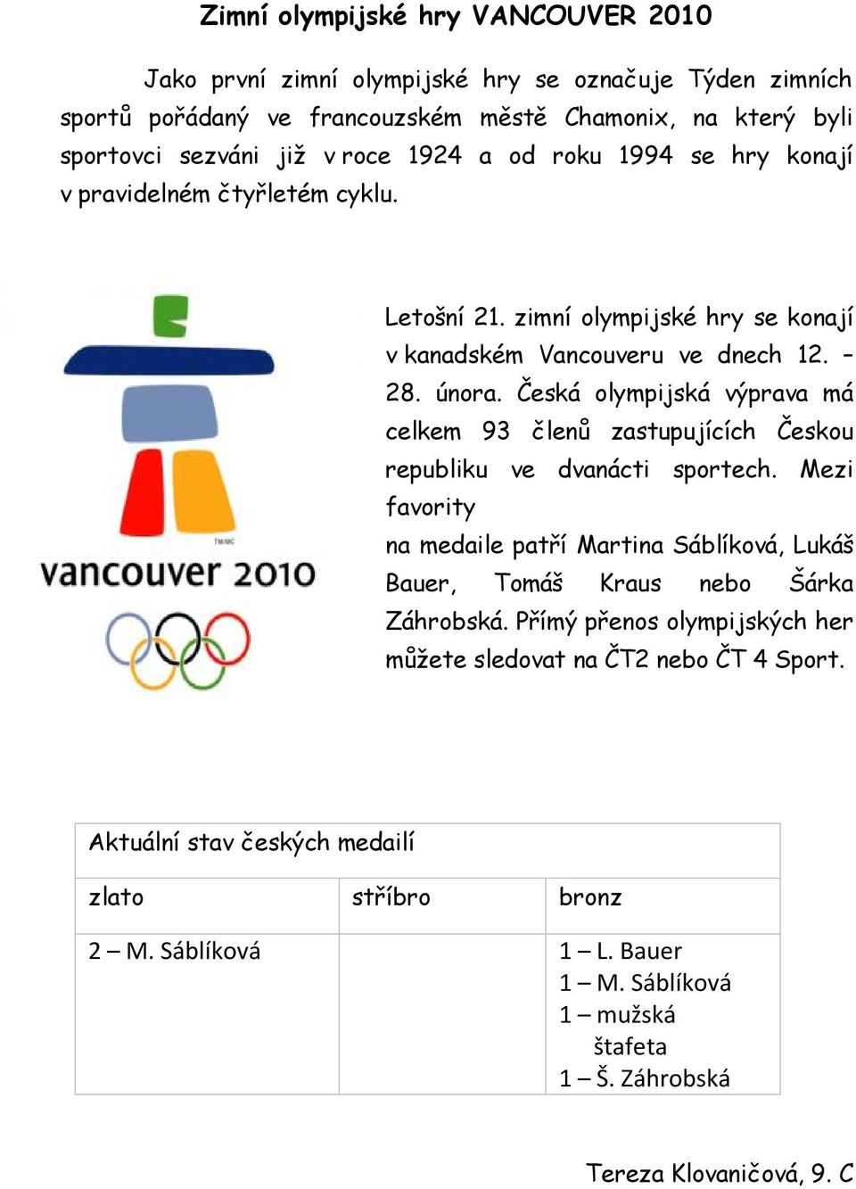 Česká olympijská výprava má celkem 93 členů zastupujících Českou republiku ve dvanácti sportech.