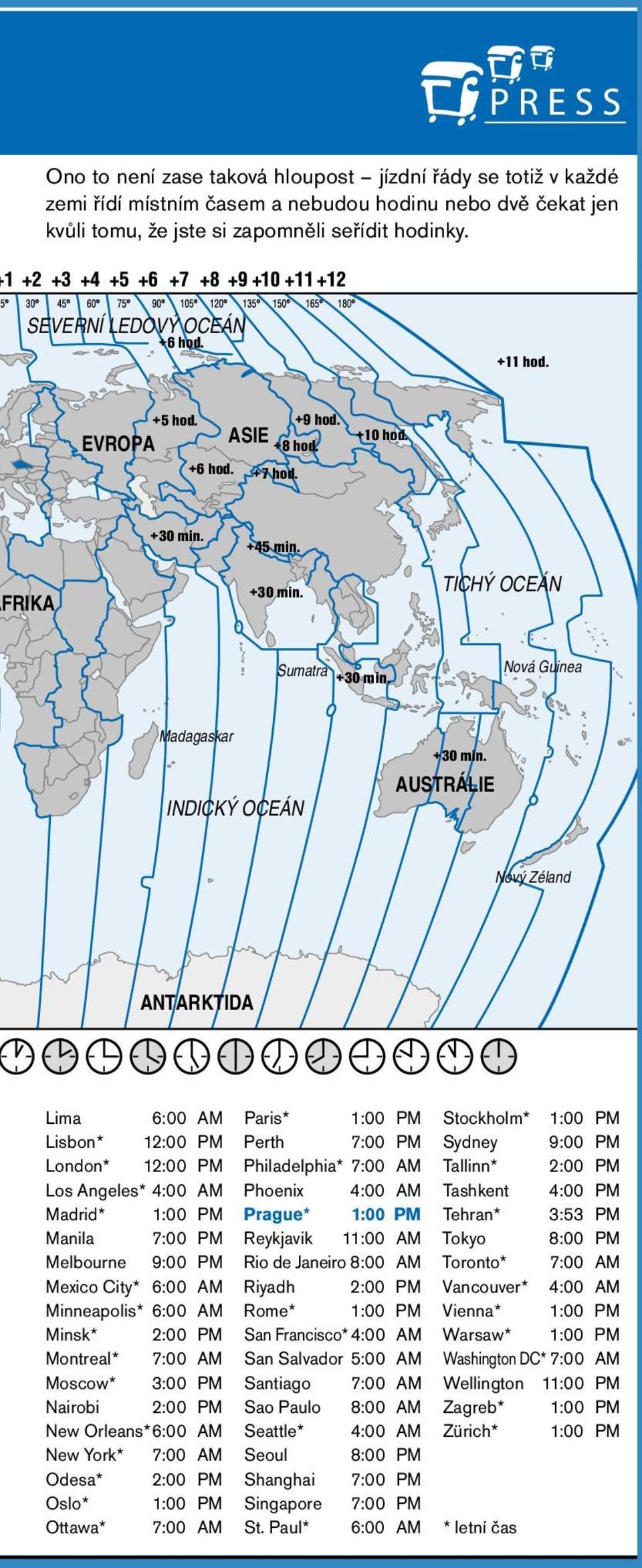 AUTRÁLIE ový Zéland ATARKTIDA Lima 6:00 AM Lisbon* :00 M London* :00 M Los Angeles* 4:00 AM Madrid* :00 M Manila 7:00 M Melbourne 9:00 M Mexico City* 6:00 AM Minneapolis* 6:00 AM Minsk* :00 M