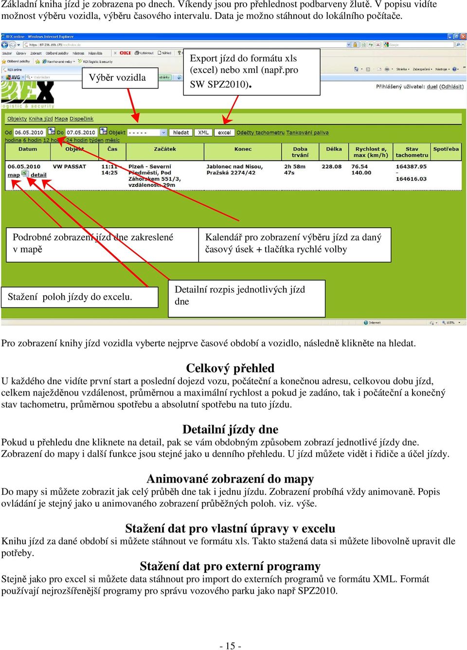 Podrobné zobrazení jízd dne zakreslené v mapě Kalendář pro zobrazení výběru jízd za daný časový úsek + tlačítka rychlé volby Stažení poloh jízdy do excelu.