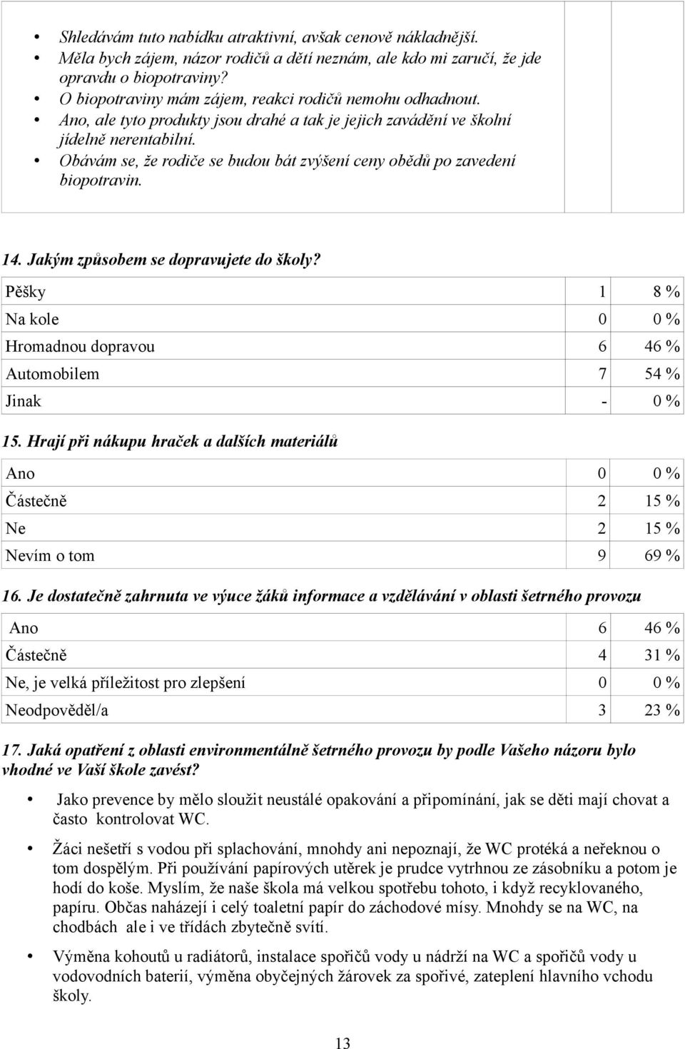 Obávám se, že rodiče se budou bát zvýšení ceny obědů po zavedení biopotravin. 14. Jakým způsobem se dopravujete do školy?