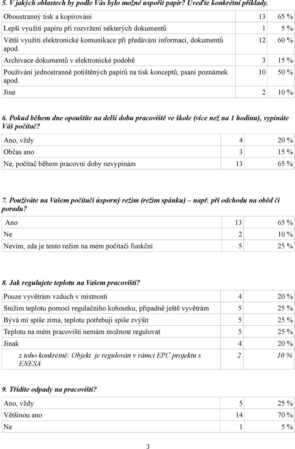 12 60 % Archivace dokumentů v elektronické podobě 3 15 % Používání jednostranně potištěných papírů na tisk konceptů, psaní poznámek apod. 10 50 % Jiné 2 10 % 6.