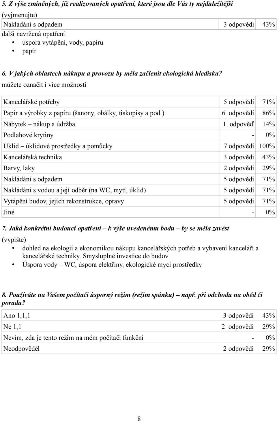 ) 6 odpovědí 86% Nábytek nákup a údržba 1 odpověď 14% Podlahové krytiny - 0% Úklid úklidové prostředky a pomůcky 7 odpovědí 100% Kancelářská technika 3 odpovědi 43% Barvy, laky 2 odpovědi 29%