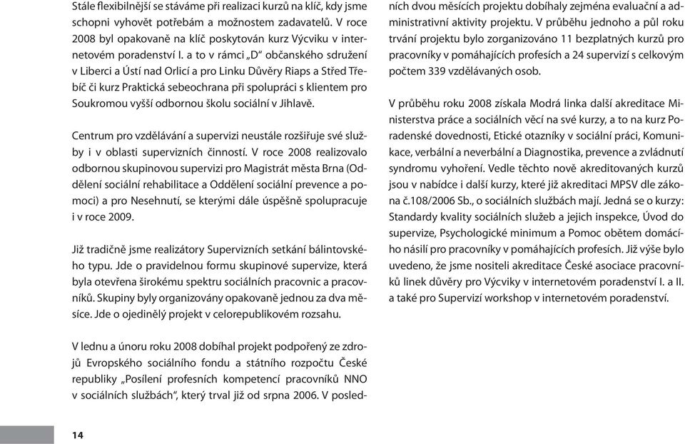 a to v rámci D občanského sdružení v Liberci a Ústí nad Orlicí a pro Linku Důvěry Riaps a Střed Třebíč či kurz Praktická sebeochrana při spolupráci s klientem pro Soukromou vyšší odbornou školu