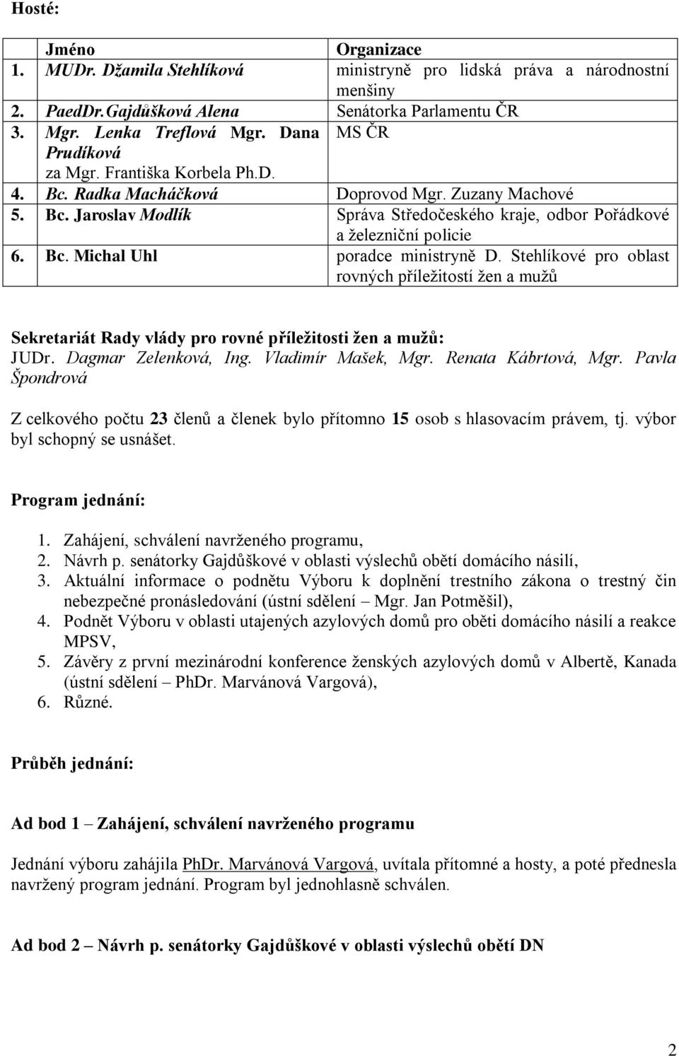 Stehlíkové pro oblast rovných příležitostí žen a mužů Sekretariát Rady vlády pro rovné příležitosti žen a mužů: JUDr. Dagmar Zelenková, Ing. Vladimír Mašek, Mgr. Renata Kábrtová, Mgr.