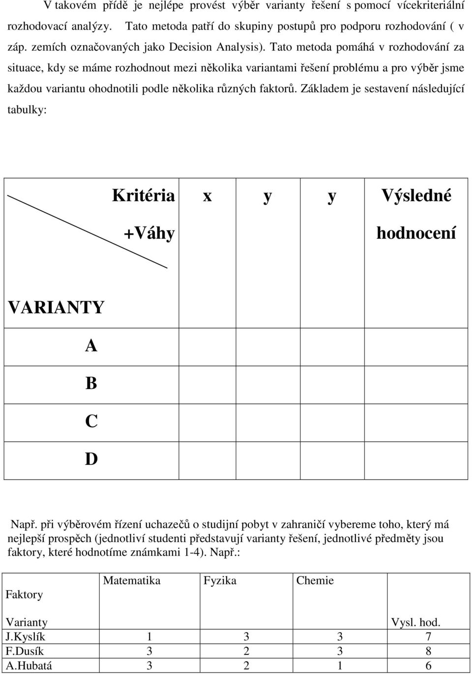 Tato metoda pomáhá v rozhodování za situace, kdy se máme rozhodnout mezi několika variantami řešení problému a pro výběr jsme každou variantu ohodnotili podle několika různých faktorů.