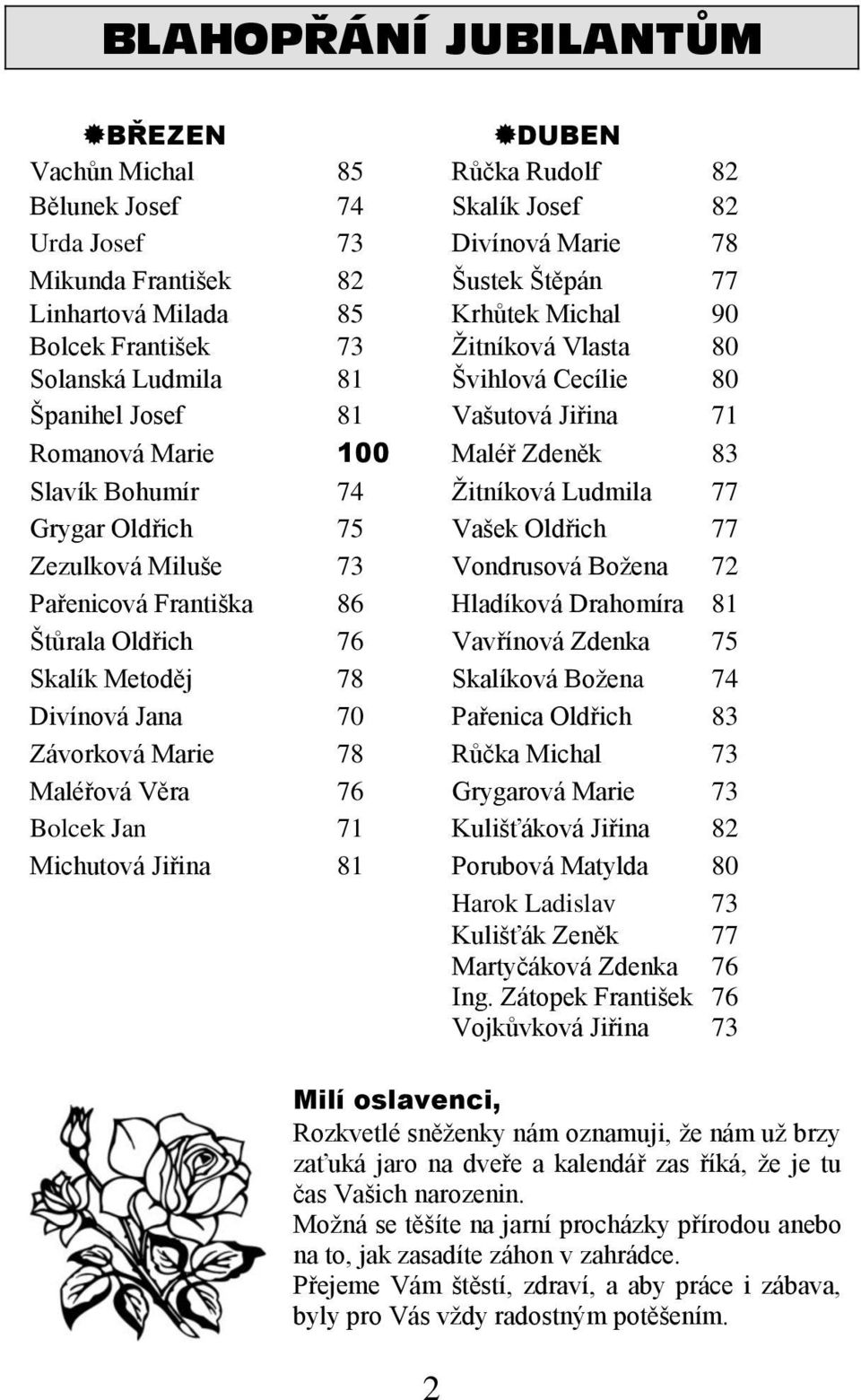 77 Grygar Oldřich 75 Vašek Oldřich 77 Zezulková Miluše 73 Vondrusová Božena 72 Pařenicová Františka 86 Hladíková Drahomíra 81 Štůrala Oldřich 76 Vavřínová Zdenka 75 Skalík Metoděj 78 Skalíková Božena