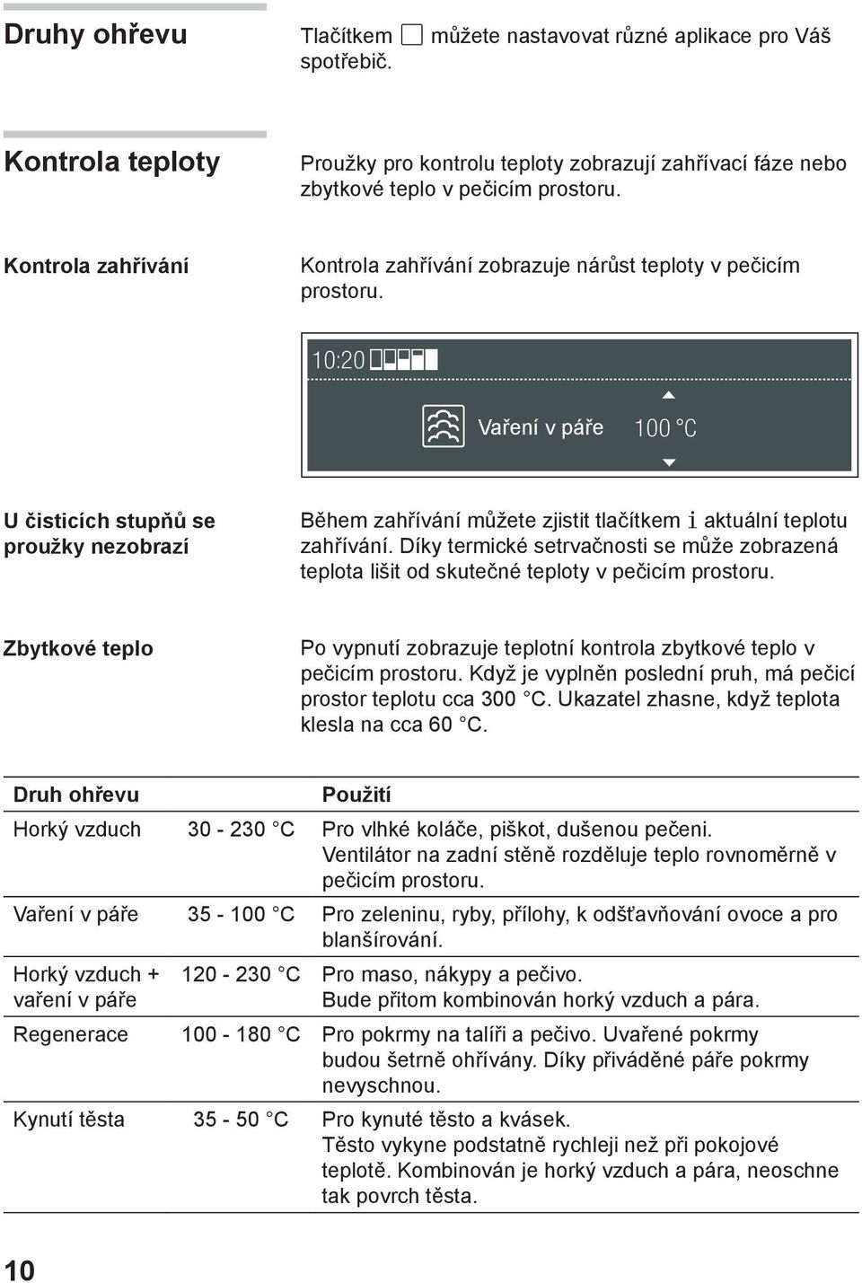 Vaření v páře U čisticích stupňů se proužky nezobrazí Během zahřívání můžete zjistit tlačítkem aktuální teplotu zahřívání.