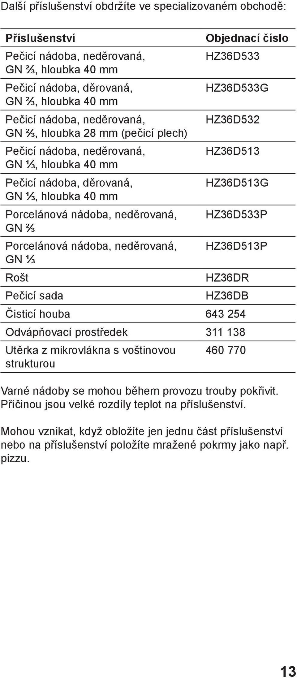 Pečicí sada Objednací číslo HZ6D5 HZ6D5G HZ6D52 HZ6D5 HZ6D5G HZ6D5P HZ6D5P HZ6DR HZ6DB Čisticí houba 64 254 Odvápňovací prostředek 8 Utěrka z mikrovlákna s voštinovou strukturou 460 770 Varné nádoby