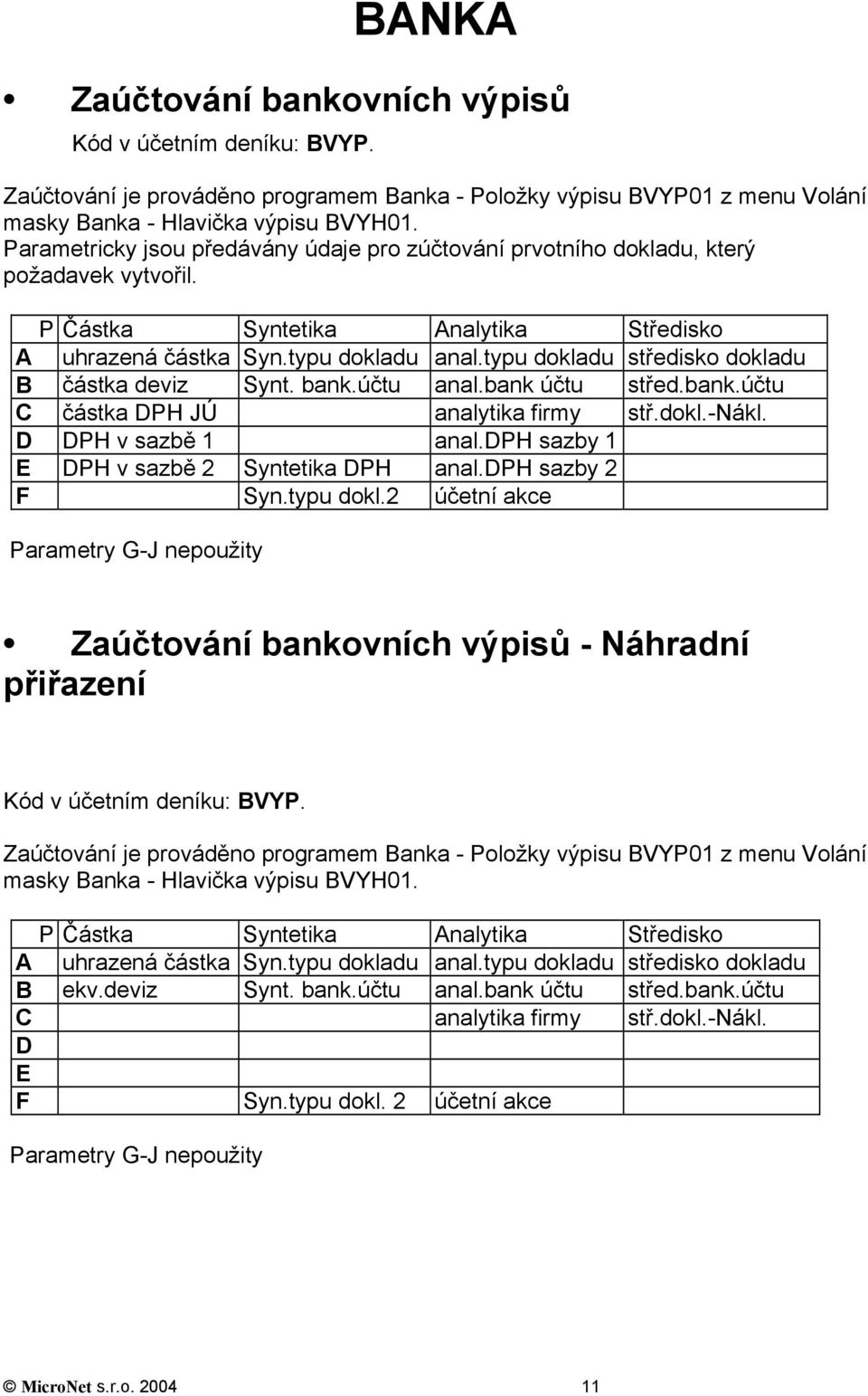 typu dokladu středisko dokladu B částka deviz Synt. bank.účtu anal.bank účtu střed.bank.účtu C částka DPH JÚ analytika firmy stř.dokl.-nákl. D DPH v sazbě 1 anal.