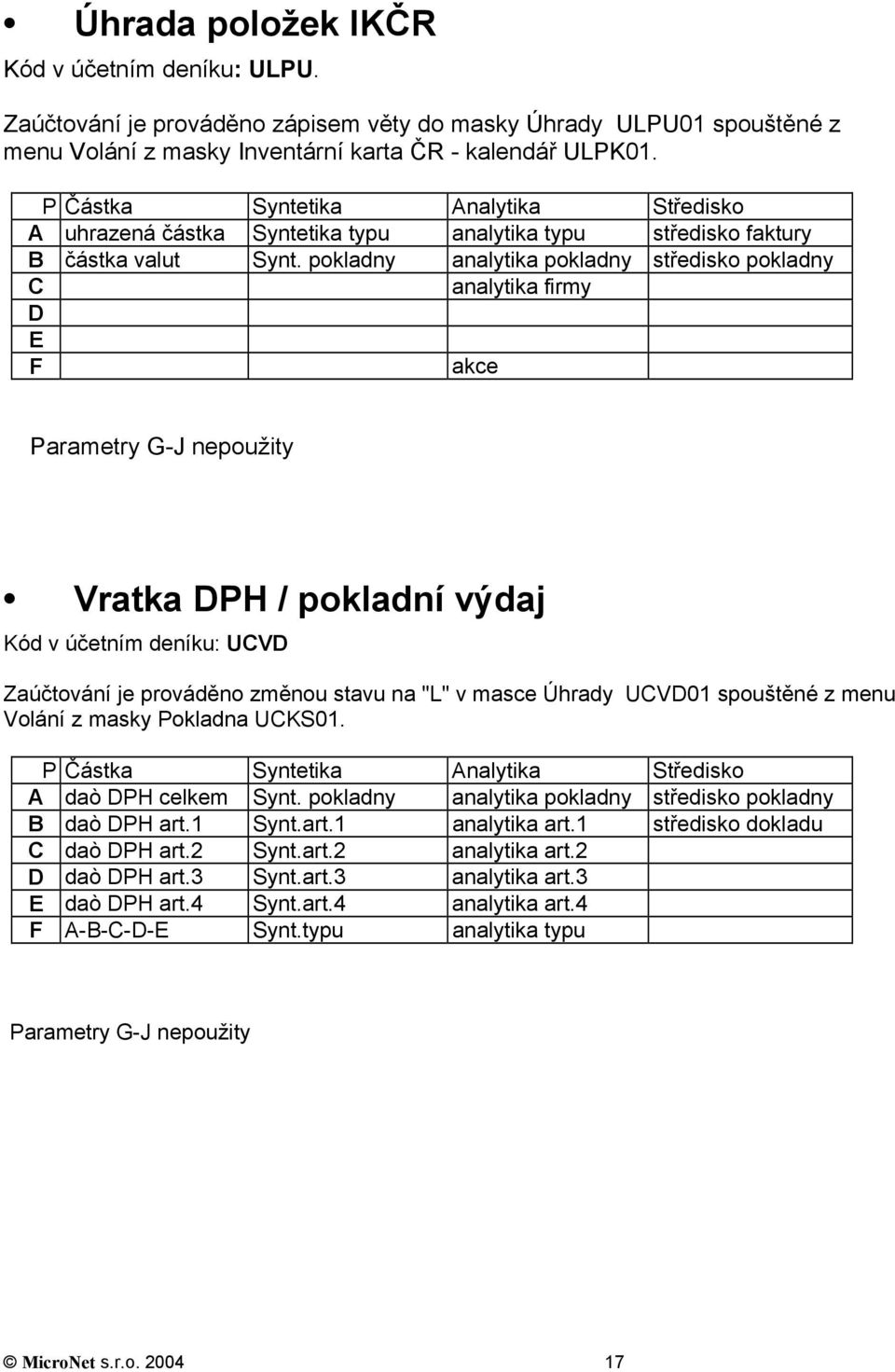 pokladny analytika pokladny středisko pokladny C analytika firmy D E F akce Parametry G-J nepoužity Vratka DPH / pokladní výdaj Kód v účetním deníku: UCVD Zaúčtování je prováděno změnou stavu na "L"