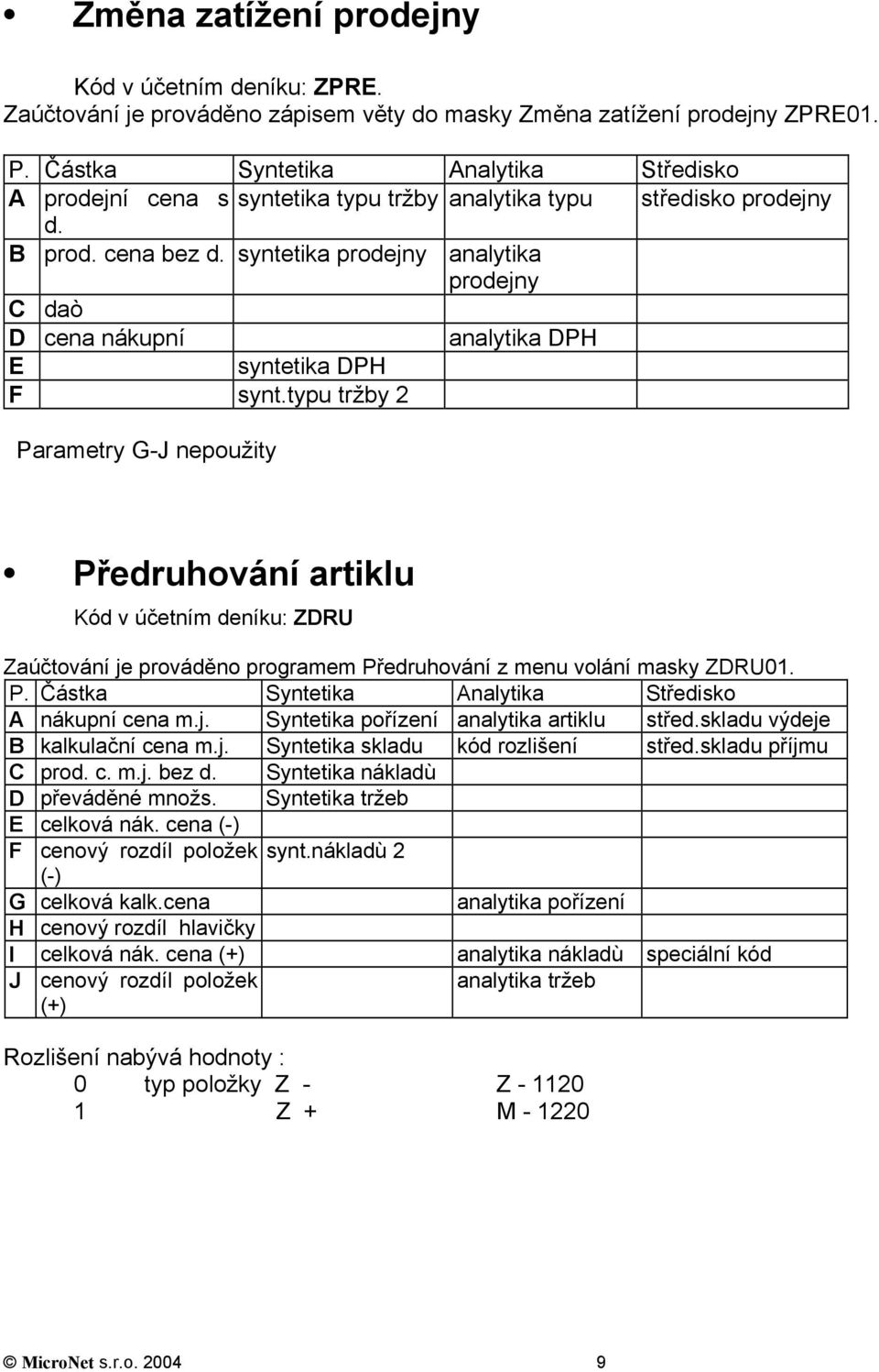 typu tržby 2 Parametry G-J nepoužity Předruhování artiklu Kód v účetním deníku: ZDRU Zaúčtování je prováděno programem Předruhování z menu volání masky ZDRU01. A nákupní cena m.j. Syntetika pořízení analytika artiklu střed.