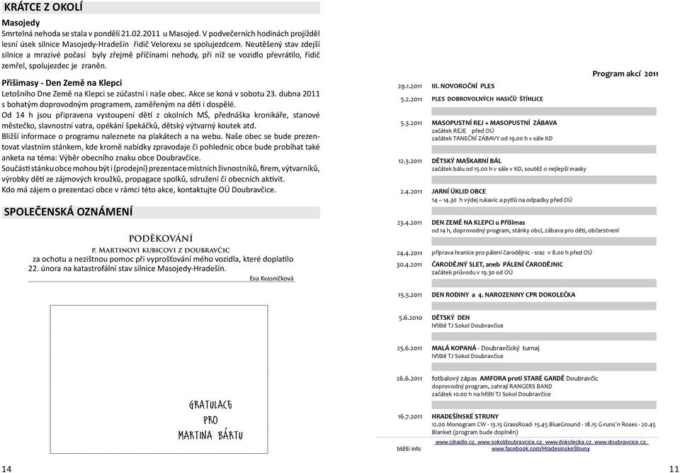 Přišimasy - Den Země na Klepci Letošního Dne Země na Klepci se zúčastní i naše obec. Akce se koná v sobotu 23. dubna 2011 s bohatým doprovodným programem, zaměřeným na děti i dospělé.