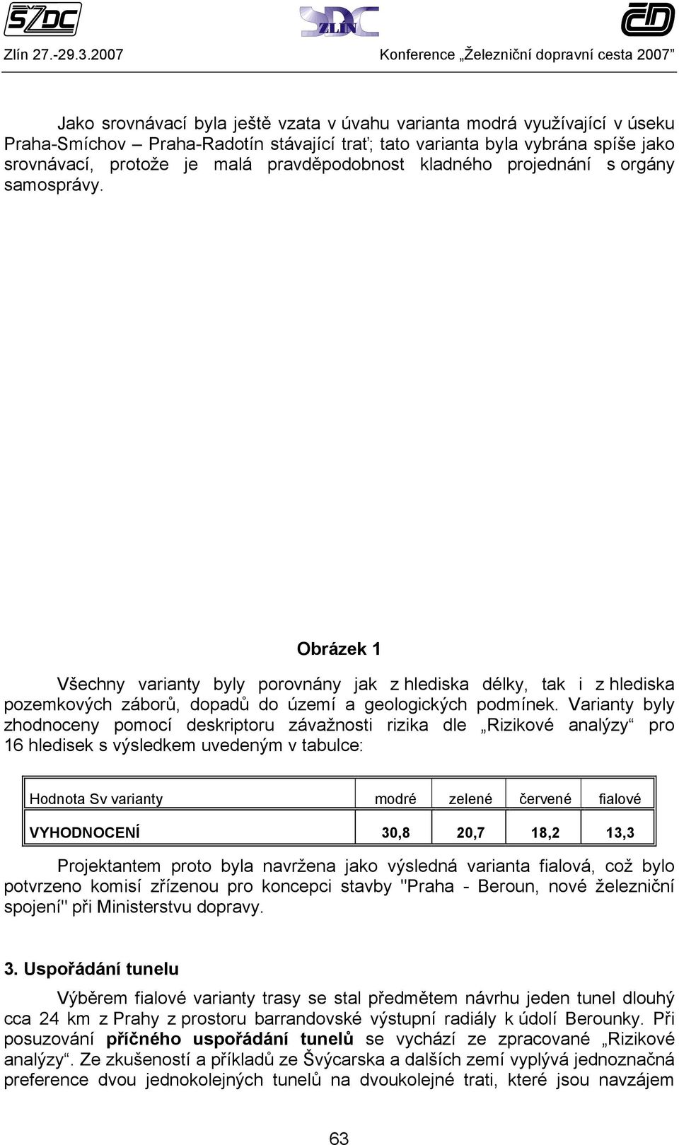 Varianty byly zhodnoceny pomocí deskriptoru závažnosti rizika dle Rizikové analýzy pro 16 hledisek s výsledkem uvedeným v tabulce: Hodnota Sv varianty modré zelené červené fialové VYHODNOCENÍ 30,8