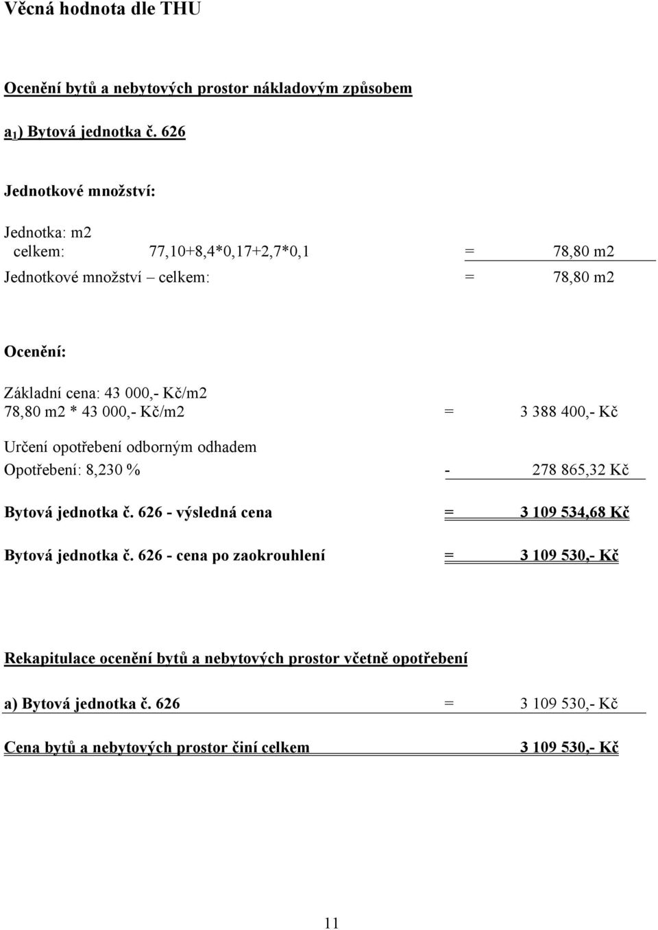 m2 * 43 000,- Kč/m2 = 3 388 400,- Kč Určení opotřebení odborným odhadem Opotřebení: 8,230 % - 278 865,32 Kč Bytová jednotka č.