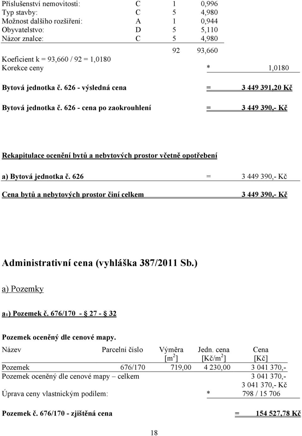 626 - cena po zaokrouhlení = 3 449 390,- Kč Rekapitulace ocenění bytů a nebytových prostor včetně opotřebení a) Bytová jednotka č.