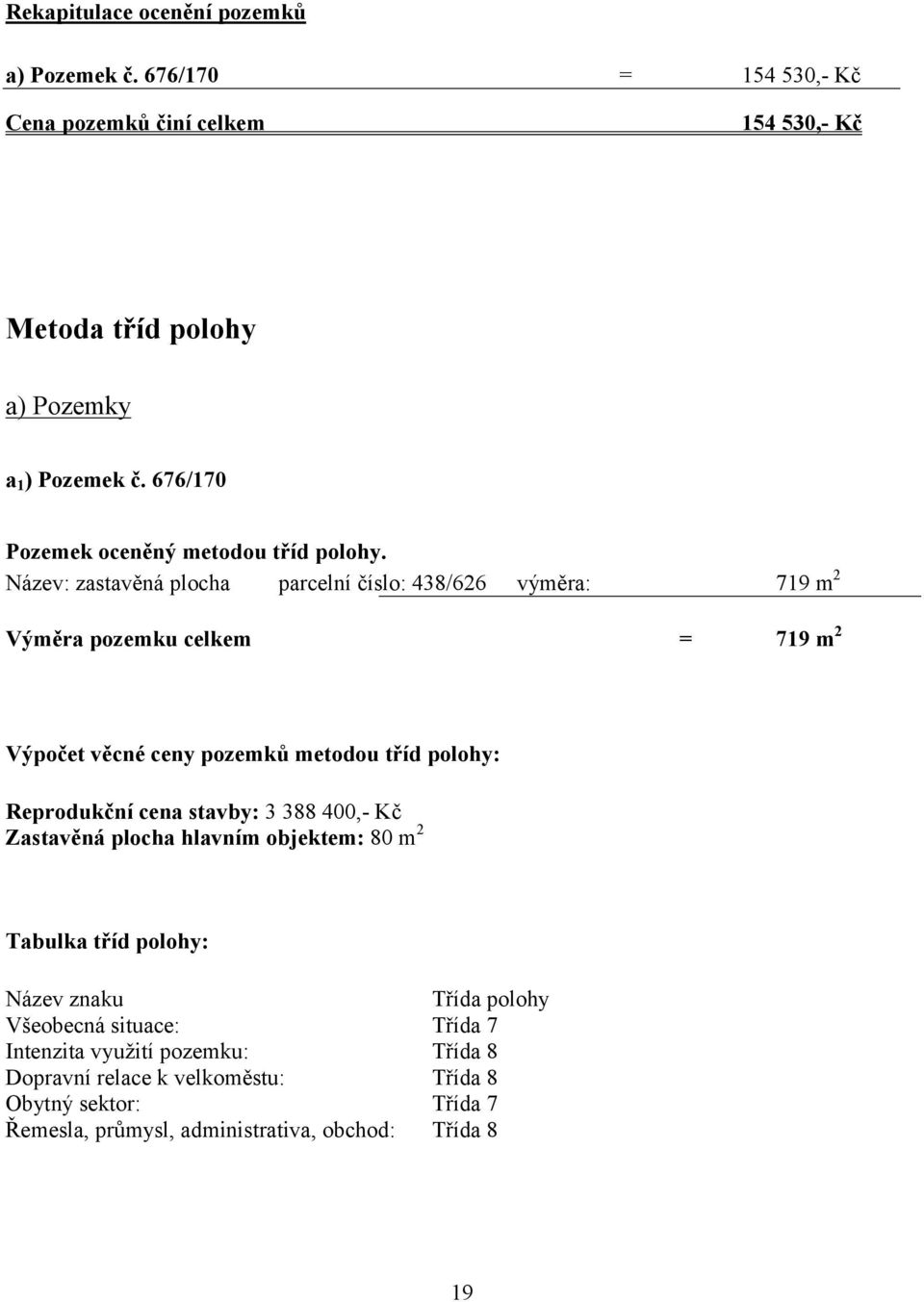 Název: zastavěná plocha parcelní číslo: 438/626 výměra: 719 m 2 Výměra pozemku celkem = 719 m 2 Výpočet věcné ceny pozemků metodou tříd polohy: Reprodukční cena