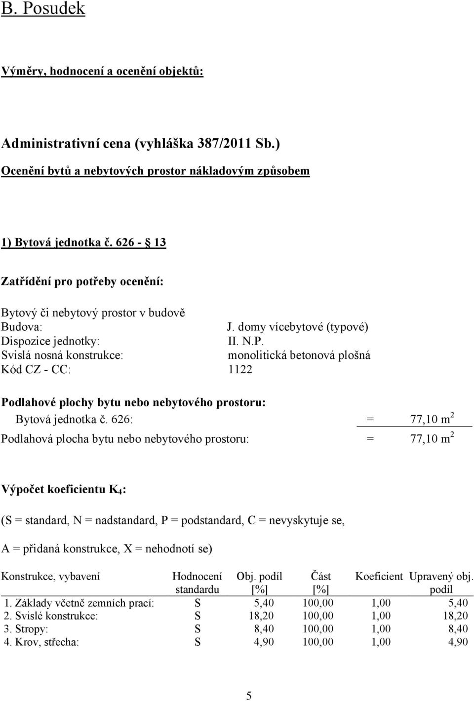 Svislá nosná konstrukce: monolitická betonová plošná Kód CZ - CC: 1122 Podlahové plochy bytu nebo nebytového prostoru: Bytová jednotka č.