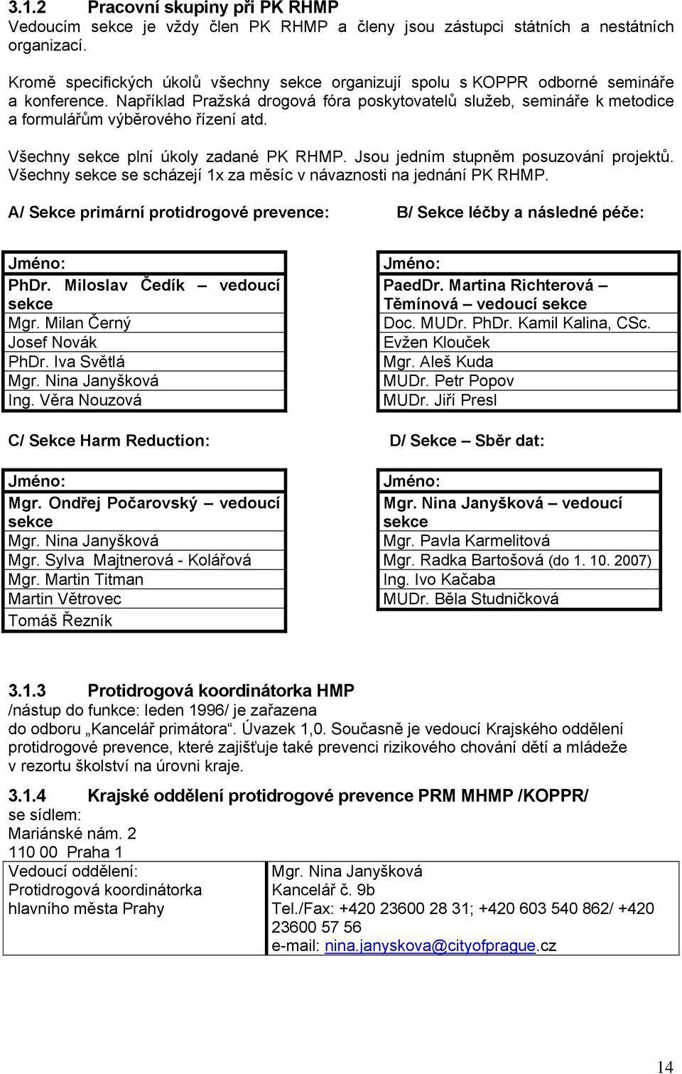 Například Pražská drogová fóra poskytovatelů služeb, semináře k metodice a formulářům výběrového řízení atd. Všechny sekce plní úkoly zadané PK RHMP. Jsou jedním stupněm posuzování projektů.