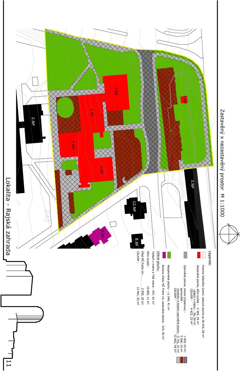 066, 14 m² chodníky a ostatní zpevněné plochy - 5 741, 27 m² CELKEM - 12 462, 44 m² Nezpevněné plochy - 11 549, 41 m² Budova úřadu MČ Praha 14, zastavěná plocha -