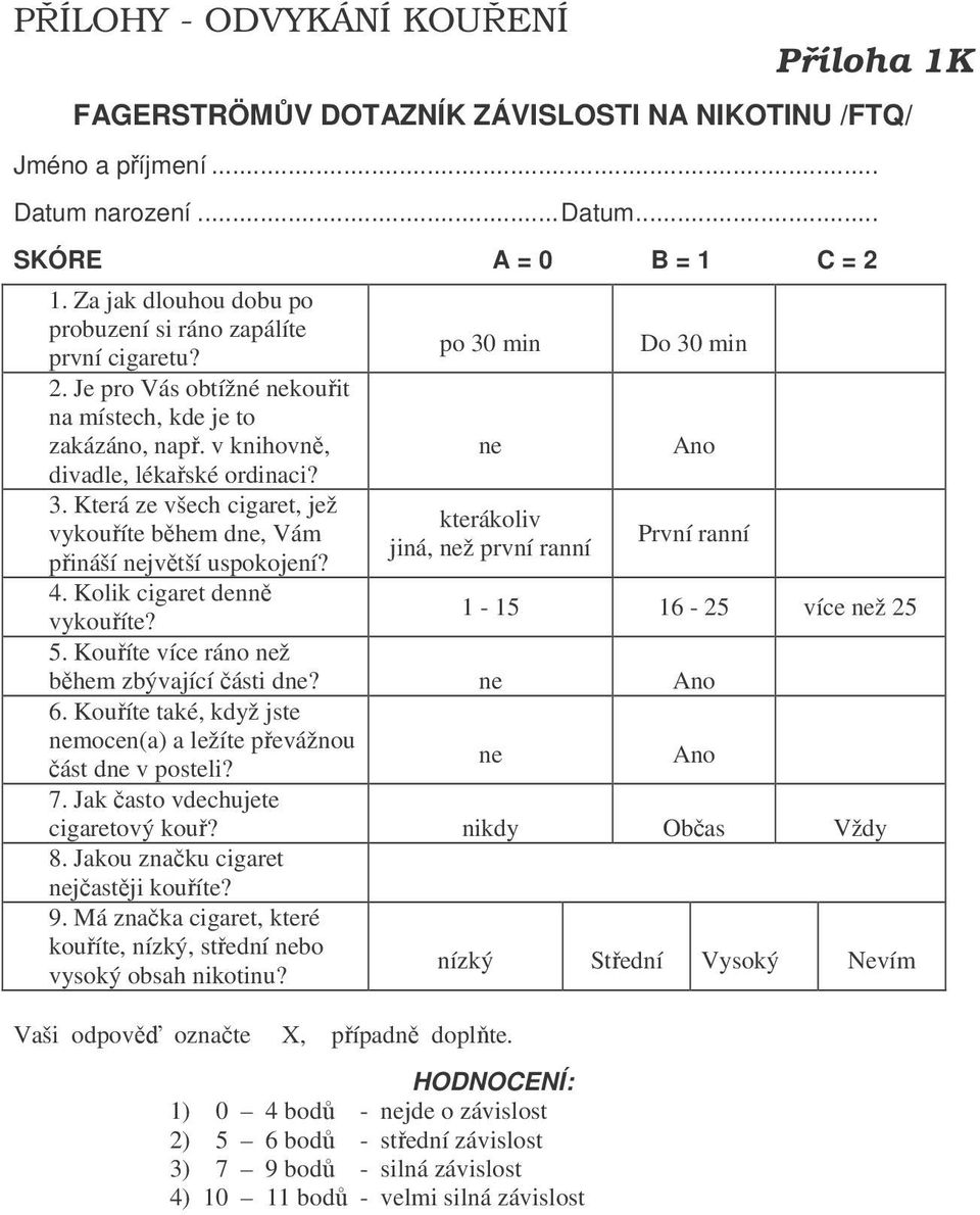 Která ze všech cigaret, jež vykouříte během dne, Vám přináší největší uspokojení? 4. Kolik cigaret denně vykouříte?