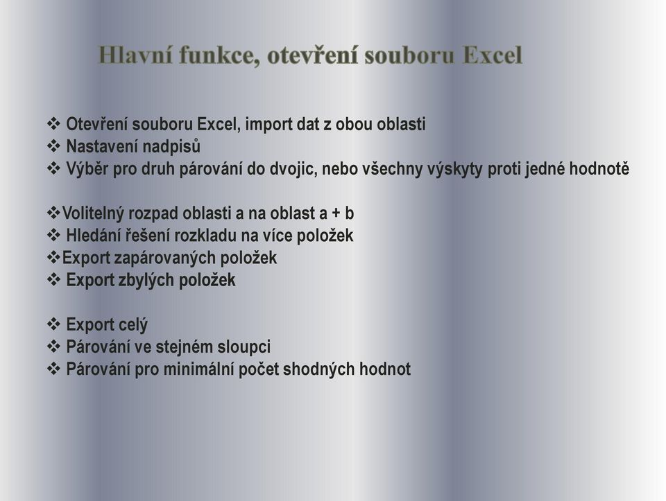 oblast a + b Hledání řešení rozkladu na více položek Export zapárovaných položek Export