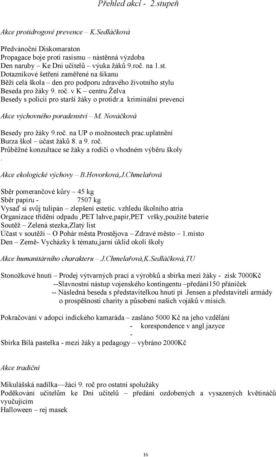 uplatnění Burza škol účast žáků 8. a 9. roč. Průběžné konzultace se žáky a rodiči o vhodném výběru školy. Akce ekologické výchovy B.Hovorková,J.