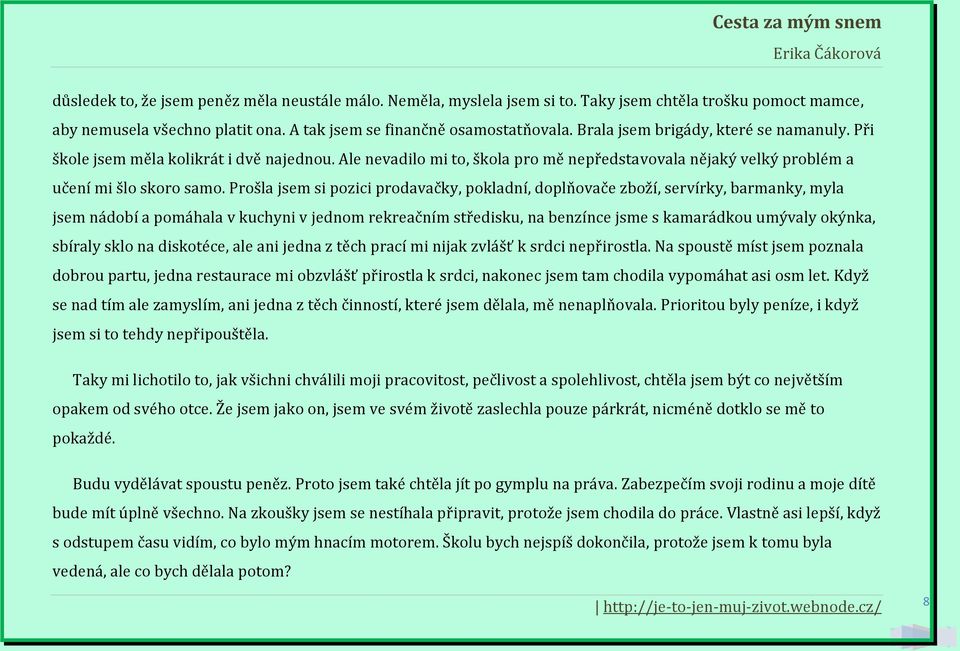 Prošla jsem si pozici prodavačky, pokladní, doplňovače zboží, servírky, barmanky, myla jsem nádobí a pomáhala v kuchyni v jednom rekreačním středisku, na benzínce jsme s kamarádkou umývaly okýnka,