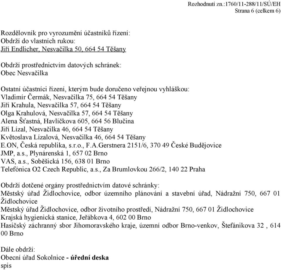 Těšany Alena Šťastná, Havlíčkova 605, 664 56 Blučina Jiří Lízal, Nesvačilka 46, 664 54 Těšany Květoslava Lízalová, Nesvačilka 46, 664 54 Těšany E.ON, Česká republika, s.r.o., F.A.Gerstnera 2151/6, 370 49 České Budějovice JMP, a.